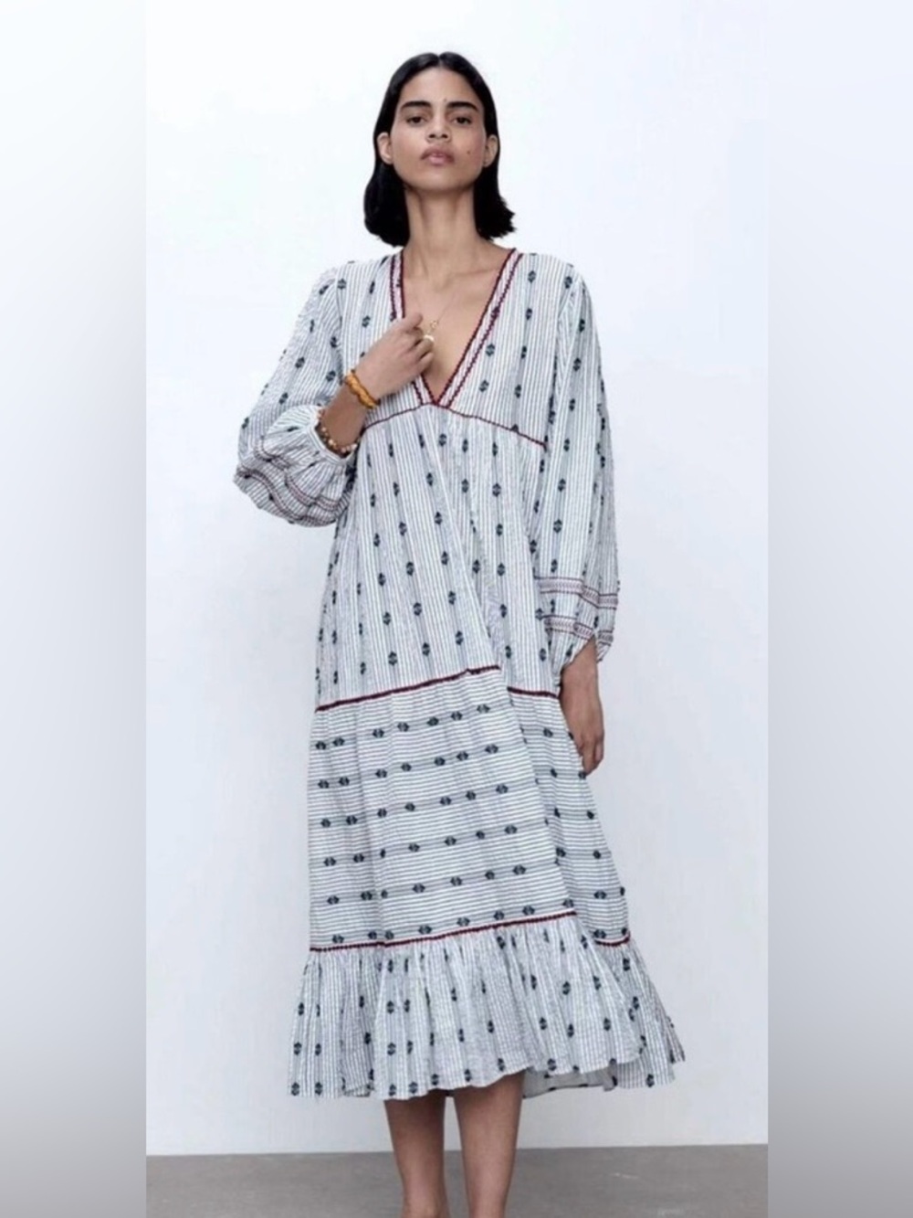 Zara White and Navy Striped Embroidered V-Neck Dress with Red Trim size M